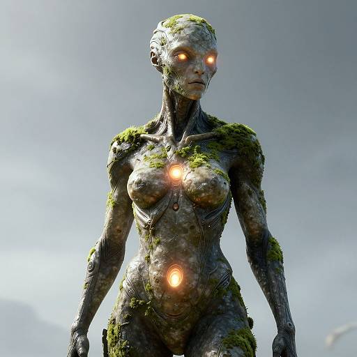 CGI image of a moss-covered, humanoid female figure with glowing orange eyes and chest, standing against a cloudy sky.