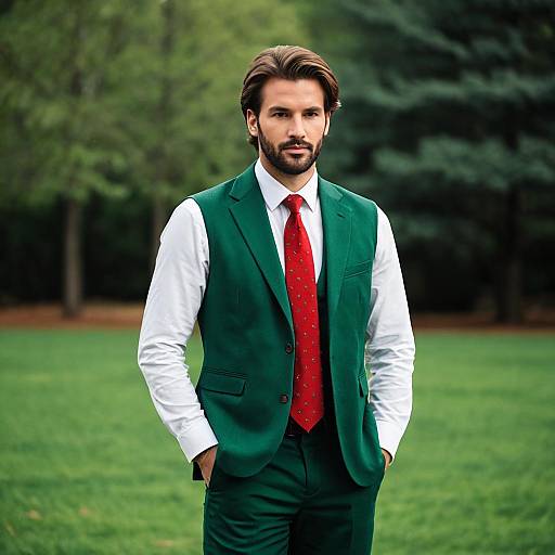 Man in Green Suit with Red Tie Outdoors