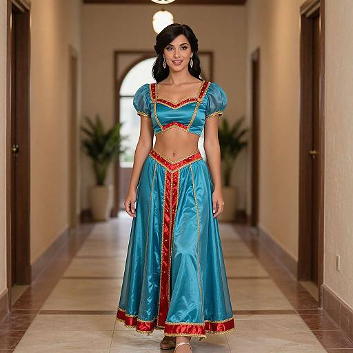 Photograph of a smiling woman with dark hair, wearing a blue satin Cinderella-style outfit with red trim, standing in a sunlit hallway.
