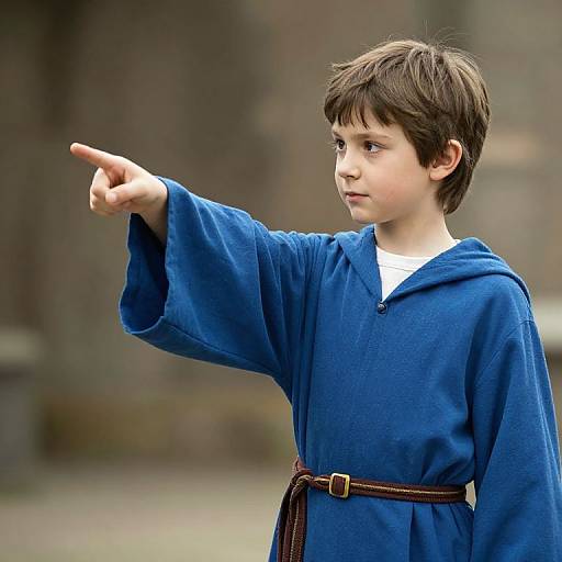 Photograph of a young white boy with brown hair, wearing a blue medieval-style robe with brown belt, pointing ahead, standing outdoors with blurred brick background