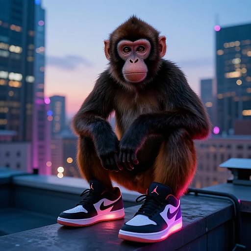 Photograph of a curious monkey in black and white Nike sneakers with neon pink soles, squatting on a rooftop against a cityscape at dusk.
