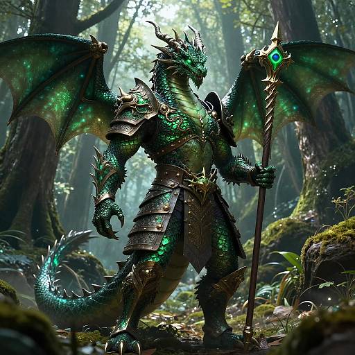 Digital artwork of a glowing green, armored dragon warrior with spiked wings, holding a staff with a blue gem, in a dense, sunlit forest.