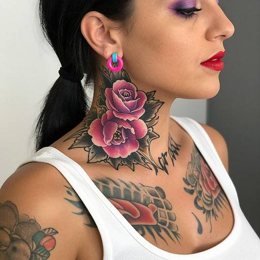 Photograph of a woman with dark hair in a ponytail, purple eyeshadow, red lipstick, white tank top, vibrant rose tattoo on neck