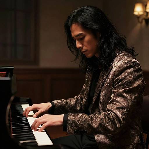 Photograph of a long-haired man with medium brown skin, wearing a shiny brown patterned jacket, intently playing a black and white keyboard in a