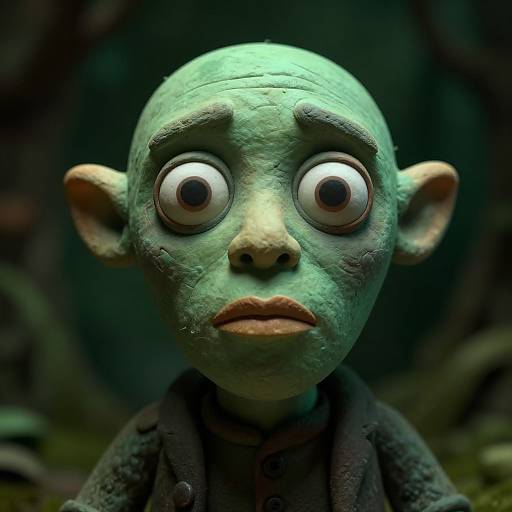 CGI close-up of a green-skinned, wide-eyed, elf-like character with exaggerated features, large ears, and serious expression, set against a
