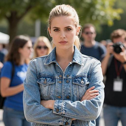 Blonde Woman in Denim Jacket Outdoors