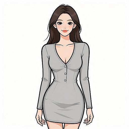 Digital anime-style drawing of a smiling woman with long black hair, wearing a tight, light gray, long-sleeve, V-neck dress.