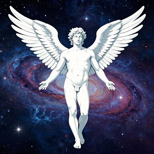 Silhouetted white angel with large wings floating in a cosmic background featuring a colorful nebula and stars. Digital art.