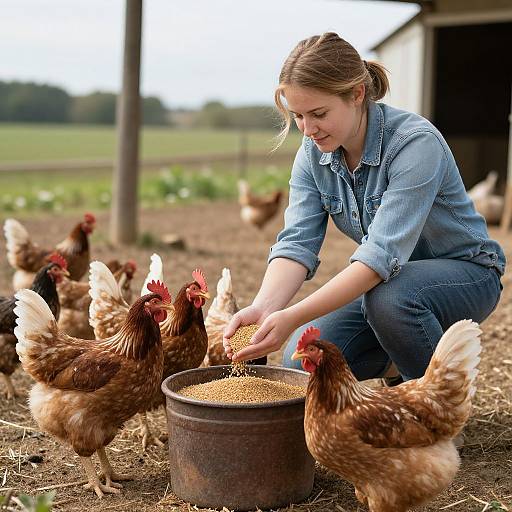 Woman Feeding Chickens on Farm