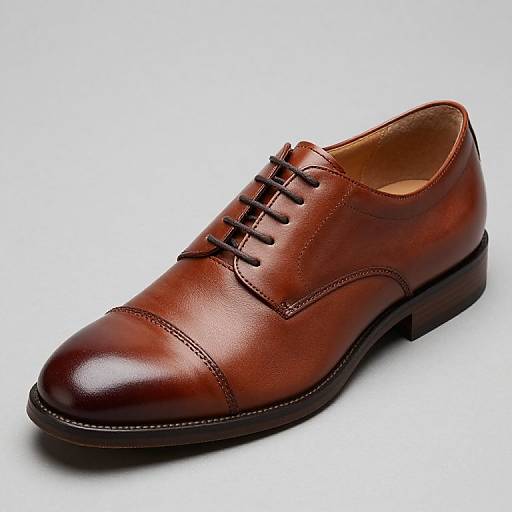 Photograph of a polished, brown leather dress shoe with black laces and a subtle sheen, positioned at a slight angle against a white background.