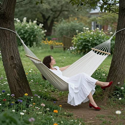 Woman Relaxing in Garden Hammock