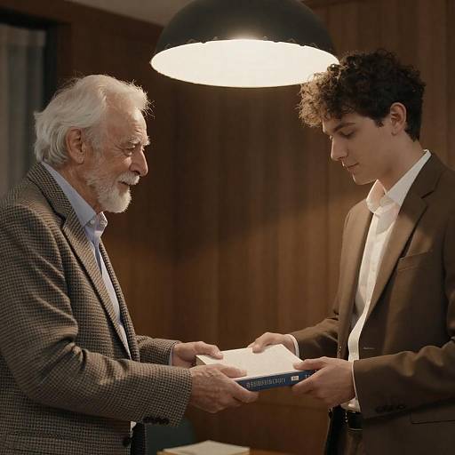 Elderly Mentor Handing Book to Protégé