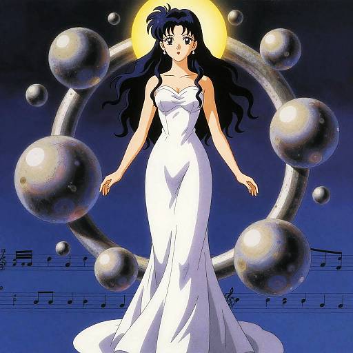 Anime-style digital art of a black-haired woman in a white, strapless gown, standing against a dark blue background with musical notes and a glowing yellow