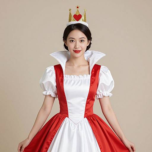 Photograph of an Asian woman in a white and red Cinderella-inspired dress with a gold crown featuring a red heart, smiling against a plain beige background