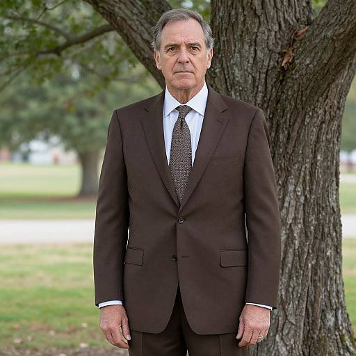 Photograph of an older white man with gray hair, wearing a black suit, white shirt, and black tie, standing in front of a large tree