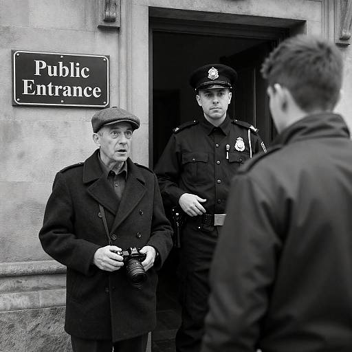 Black and White Photo of Policeman and Men Outside Public Entrance