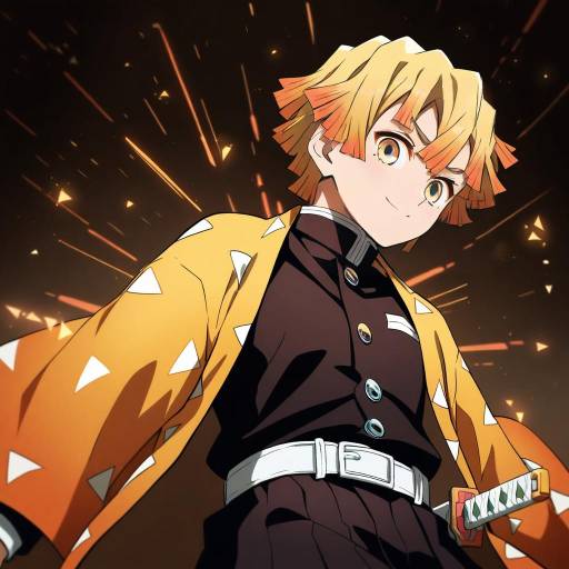 Illustration of Agatsuma zenitsu, kimetsu no yaiba in the style of Okiraku nikku