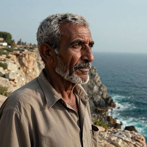 Photograph of an elderly Indian man with gray hair and beard, wearing a beige shirt, standing against a coastal cliff backdrop with the ocean and clear sky