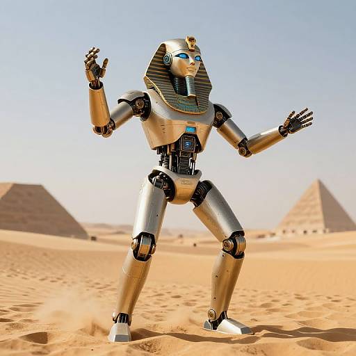 CGI image of a humanoid robot with Egyptian headdress, standing in a desert with pyramids in the background, arms raised.