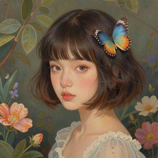 Digital painting of a young Asian woman with short black hair, fair skin, and blue butterfly on her head, surrounded by colorful flowers. She wears a