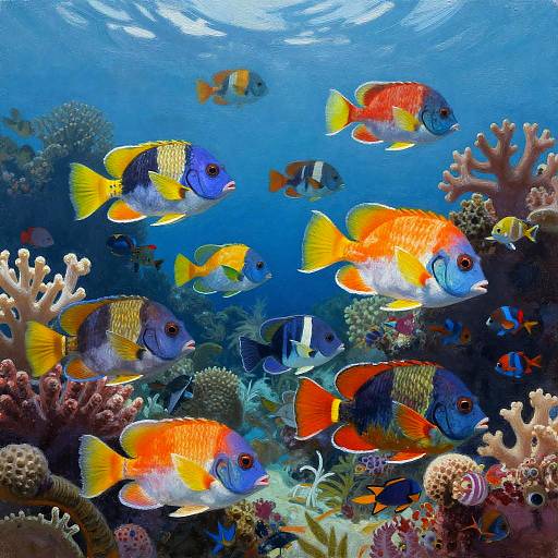 Vibrant underwater photograph of colorful fish, including blue, orange, and yellow varieties, swimming among coral reefs with varied textures and colors.
