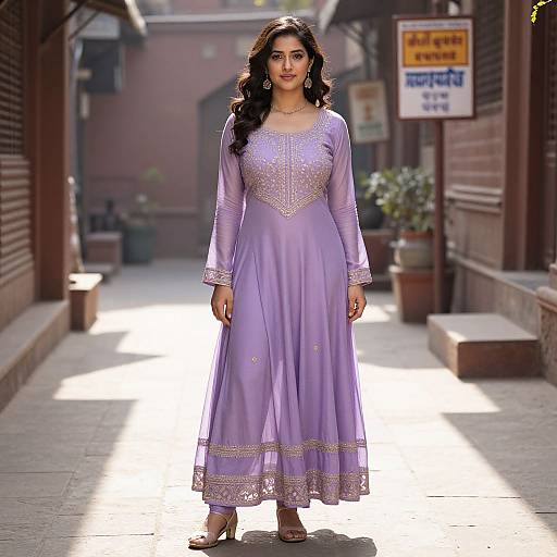 Photograph of a South Asian woman with long, wavy black hair, wearing a light purple, long-sleeved, embroidered traditional dress, standing