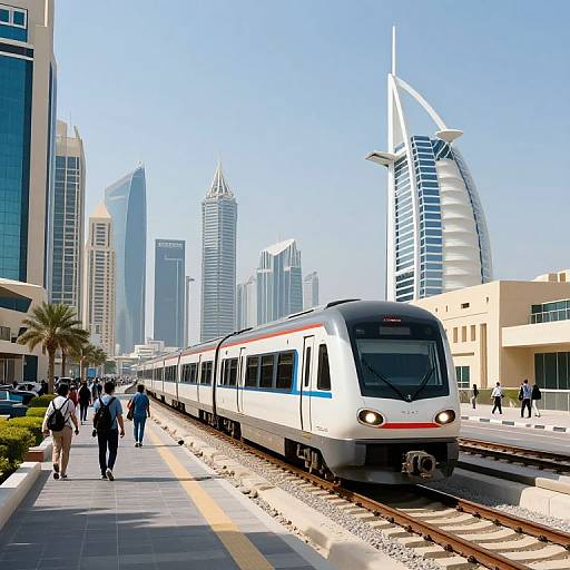 Photograph of a sleek, modern white train at a sunny urban station with diverse pedestrians, tall skyscrapers, and a clear blue sky.