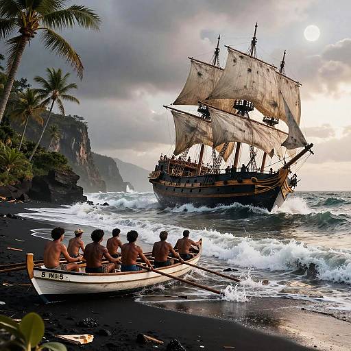 Rowing Spanish Explorers Approaching Shipwrecked Armada