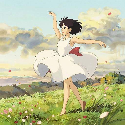 Anime-style drawing of a black-haired girl in a white dress with red bow, dancing in a sunlit meadow with colorful flowers.