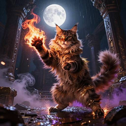 Fluffy Maine Coon Mage in Ruined Temple