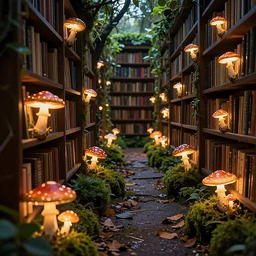 Mystical Library with Glowing Mushrooms