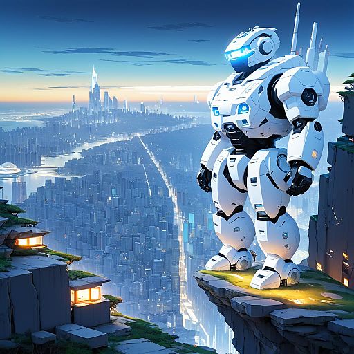 Chubby Robot Overlooking Futuristic City