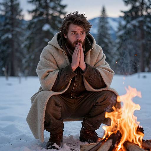 Photograph of a bearded man with disheveled hair, wearing a beige cloak and brown pants, squatting by a campfire in snowy forest