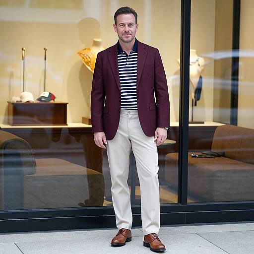 Photograph of a smiling man with short dark hair, wearing a burgundy blazer, white pants, brown shoes, and a striped shirt, standing