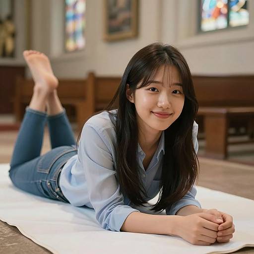 Photograph of an Asian woman with long black hair, wearing a light blue shirt and blue jeans, lying on a white sheet in a church, smiling