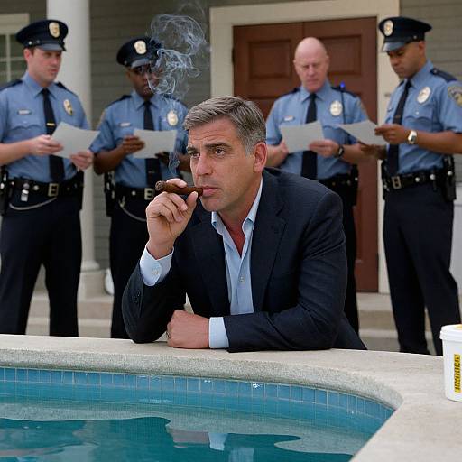 Photograph of a suited man smoking a cigar by a pool, with four police officers in uniform standing behind him, holding papers.