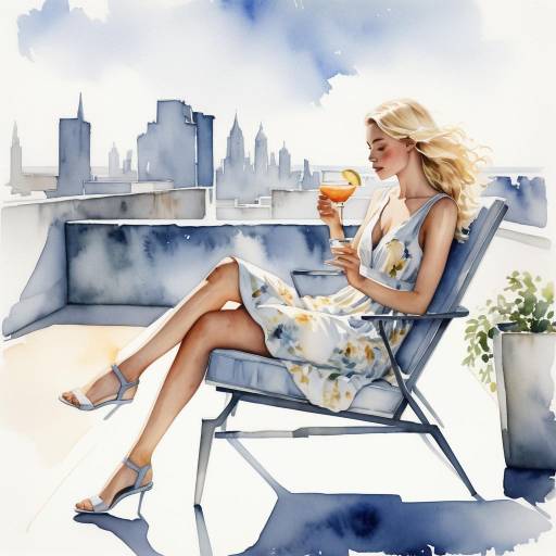 Serene Rooftop Relaxation in Watercolor