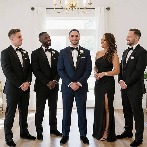 Photograph of five formally dressed adults standing in a bright, white-walled room with a chandelier; four men in black tuxedos,
