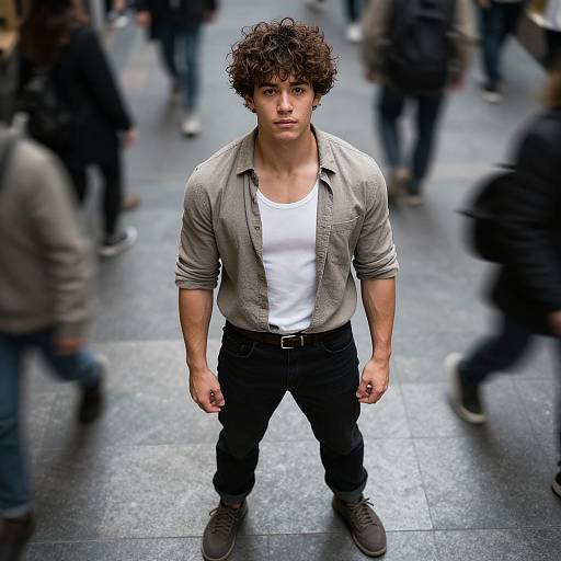 Photograph of a young, muscular man with curly brown hair, wearing a white tank top, gray button-up shirt, black pants, and brown shoes