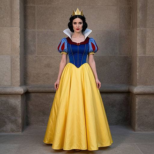 Photograph of a fair-skinned woman in a yellow and blue Snow White costume, gold crown, white collar, standing against a stone wall.