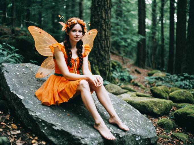 Woman in Orange Fairy Costume Sitting on Rock