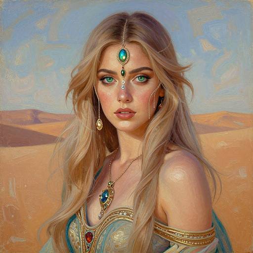 Digital painting of a blonde, blue-eyed woman with wavy hair, wearing ornate jewelry, in a desert background with sandy dunes.
