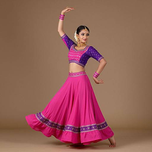 Photograph of a South Asian woman in a vibrant pink and purple traditional dance outfit, mid-dance pose, against a beige background.