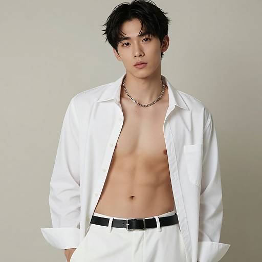 Photograph of an East Asian man with short, messy black hair, wearing an open white shirt, black belt, and chain necklace, exposing a toned