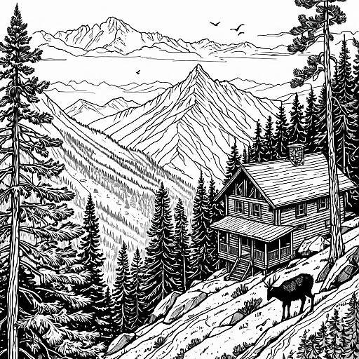 Mountain Cabin and Wildlife Coloring Page