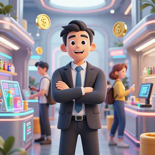 Confident AI Merchant in Futuristic Market