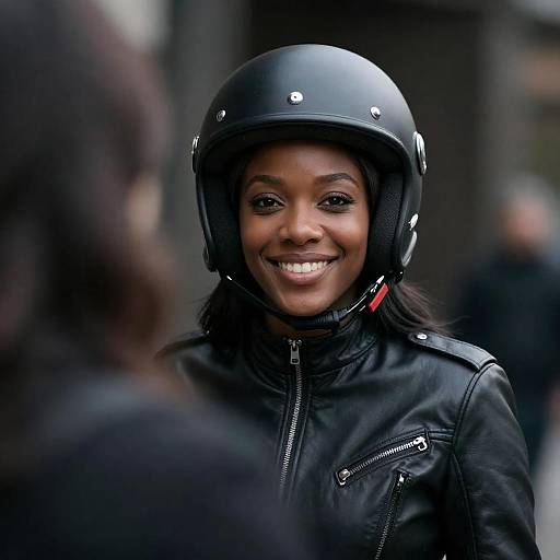 Smiling Black Woman in Leather Jacket