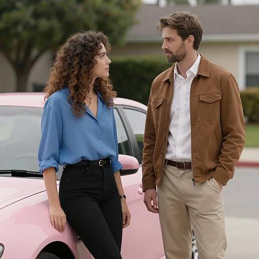 Couple by Pink Car in Suburb