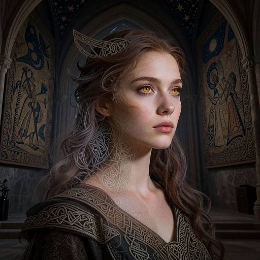 Photorealistic digital art of a fair-skinned, brown-haired woman with glowing yellow eyes, wearing intricate, medieval-style clothing, against a dark,