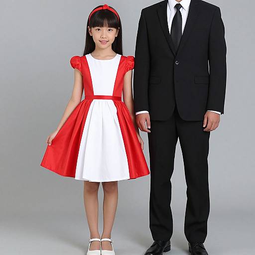 Photograph of an Asian girl in a red and white dress standing beside a tall, suited man with a black tie.